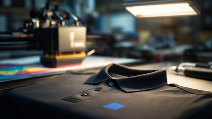Black polo shirt is displayed bright lighting modern printing workshop, showcasing its high quality fabric and precise stitching. background features 3D printer and colorful design materials