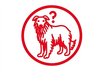 Outline drawing of a dog in a red circle with a question mark.