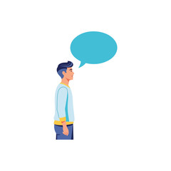 Man speaking and communicating with a speech bubble above his head, representing teamwork, discussion, and cooperation in a brainstorming session, sharing information and advice