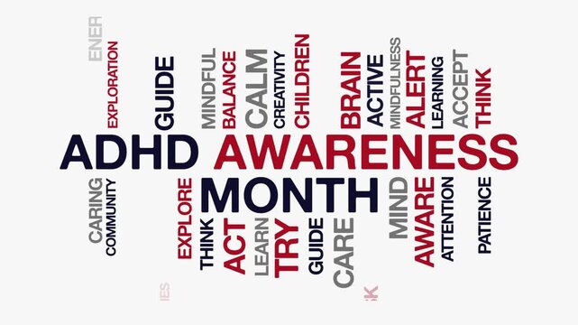 ADHD Awareness Month concept Animated Tag Word Cloud kinetic typography, Text Design Animation typography seamless loop video motion graphics Intro 4k,  Word Art Looping Text effects red blue grey typ