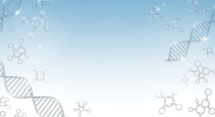 Abstract DNA Helix and Molecular Structures on a Gradient Blue Sky Background