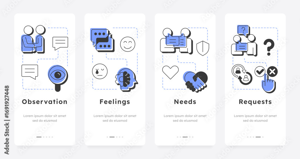Poster nonviolent communication mobile app onboarding screens. social networking. critical thinking, partne