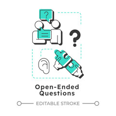 Fototapeta premium Open-ended questions modern linear concept icon. Conversation, dialogue. Social communication. Puzzle pieces. Flat outline elements connected with dotted lines. Creative visual. Easy to edit