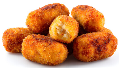 Many delicious fried croquettes isolated on white