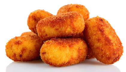 Many delicious fried croquettes isolated on white