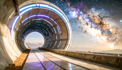 Futuristic tunnel into starry night sky