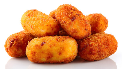 Many delicious fried croquettes isolated on white