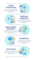 Different types of listening techniques infographic vertical sequence. Knowledge analysis. Visualization infochart with 5 steps. Circles workflow. Montserrat SemiBold, Lato Regular fonts used