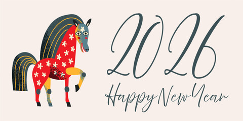 2026 New Year greeting card with cute horse with floral ornaments in playful cartoon style. Zodiac symbol celebration image for calendar, banner, poster, holiday decor. Festive vector background.