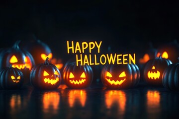 Glowing jack o lanterns and happy halloween text on dark background