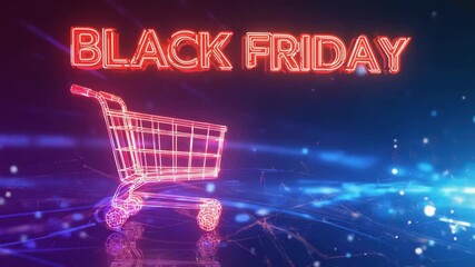 Neon glowing grocery cart. Seasonal Black Friday sale concept, online shopping - Powered by Adobe