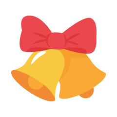 Christmas bells with red ribbon bow. Two golden jingle bells with festive decoration symbolizing holiday celebration and New Year spirit. Vector illustration.