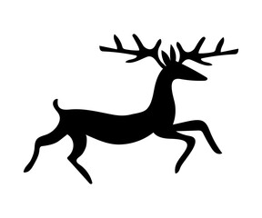 Christmas reindeer silhouette with antlers. Elegant leaping deer icon representing winter holiday tradition and festive spirit. Minimalistic black vector illustration.