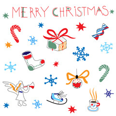 Merry Christmas greeting card. Festive hand-drawn elements including gift box, candy canes, stocking, angel, snowflakes, hot drink, ice skate, bauble with bow. Holiday vector illustration.