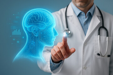 AI generated doctor interacts with holographic human head showing digital circuits symbolizing advanced healthcare analysis innovation and modern medical technology