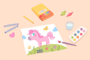 Child drawing of pink unicorn on paper with art supplies. Creative activity and education for kid. Fun hobby for little artist. Cartoon vector illustration.