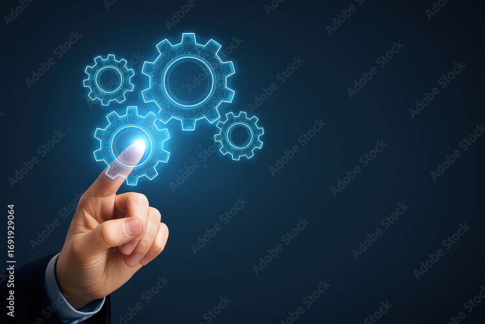 Aufkleber futuristic technology digital innovation business concept with hand touching glowing virtual gears s