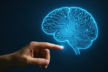 Futuristic technology digital innovation business concept showing human hand reaching towards glowing circuit brain symbolizing artificial intelligence and advanced data processing