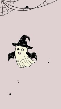 Retro Halloween Flying Ghost With Bat Wings Witch Hat And Spider Cartoon Animation Video Social Media Story Animation
