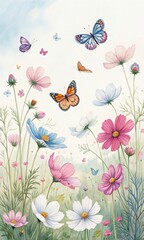 Watercolor painting of cosmos flowers and butterfly