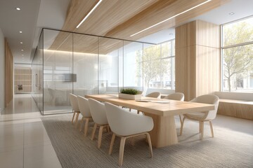Fototapeta premium A modern office meeting room featuring wooden furniture, large windows, and a clean, bright interior for professional discussions.