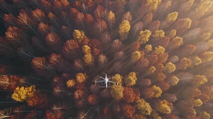A drone shot above the thick foggy canopy of an autumn forest with colorful treetops. The concept of seasonal landscape and travel - Powered by Adobe