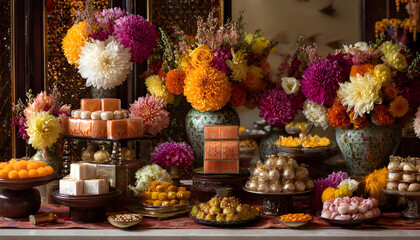 Fototapeta premium Traditional Diwali confections and blooms set on elaborate festive table arrangement