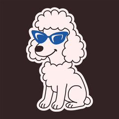 Cartoon poodle dog wearing blue cat eye sunglasses in a retro style on dark background