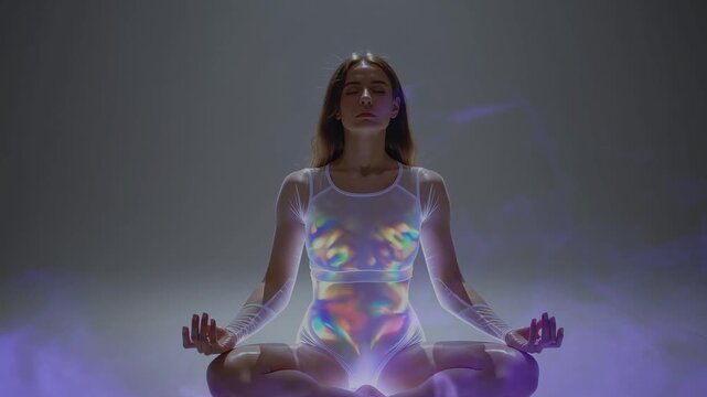 A young white woman in a futuristic white robe sits in the lotus position, radiating multicolored energy auras and subtle light particles against a backdrop of purple mist