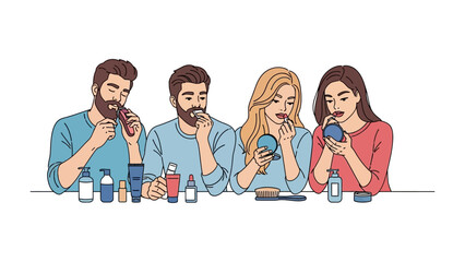 Diverse group of young adults applying makeup and grooming facial hair with various cosmetic products and tools on a white background