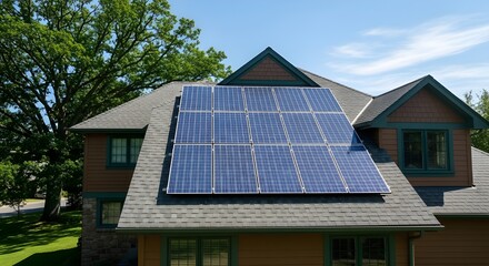 Rural house rooftop with single solar panel in bright daylight – sustainable energy concep