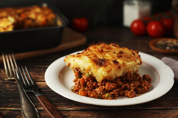 A shepherd's pie, freshly backed and ready to be served. Traditional English dish