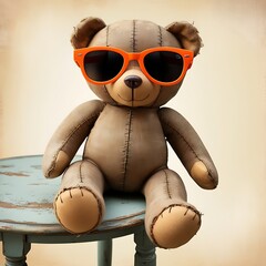 A stitched leather teddy bear wearing bright orange sunglasses sits on a rustic blue wooden stool against a neutral background.