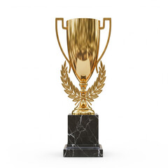 A 3D golden trophy cup, a prize for success, isolated on a white background, symbolizing a winning champion