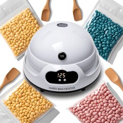 A white hard wax heater surrounded by bags of colorful wax beads and wooden spatulas, designed for smooth and efficient hair removal.