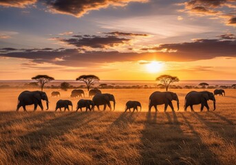 Fototapeta premium A striking silhouette of a wild elephant herd galloping at sunset across a vast landscape