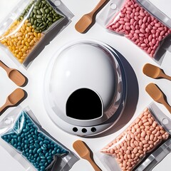 A white UV nail lamp surrounded by four transparent bags of colorful beans and wooden spoons on a white surface.