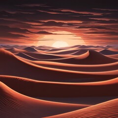 A vibrant sunset casts warm light over rolling desert dunes beneath a layered, dramatic cloud sky.