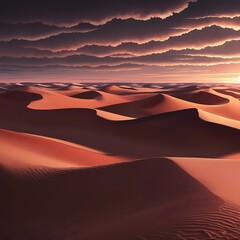 Expansive desert dunes under a dramatic sunset sky with layered clouds casting shadows over the warm, textured sand landscape.
