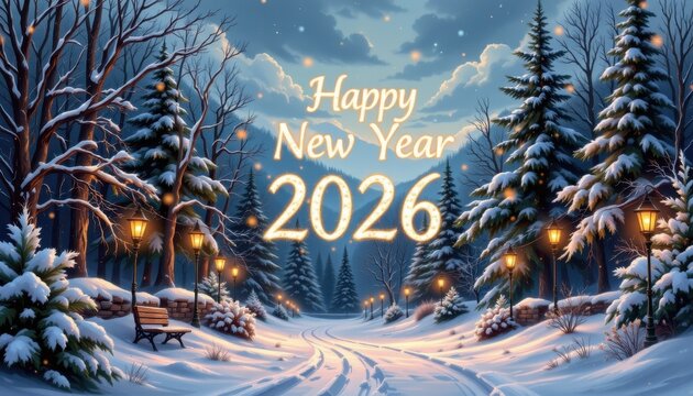 a watercolor peaceful snowy forest glowing lanterns dreamy serene magical charming festive cozy night atmosphere happy new year 2026 written softly in sky luminous delicate lettering joyful calm tone