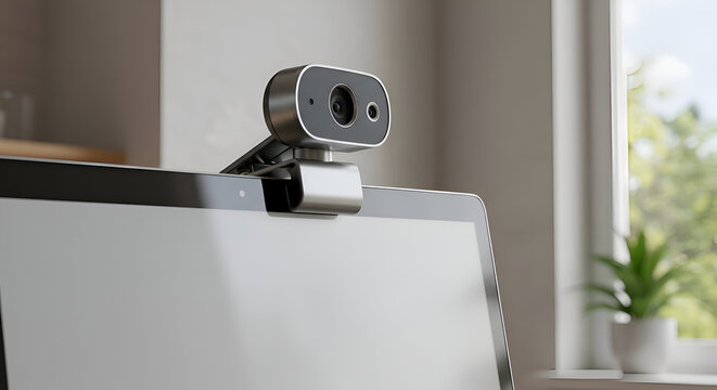 Modern webcam mounted on a laptop in a home office setting. Device is stationary and focused on the screen. Young professional working from home office with natural light.
