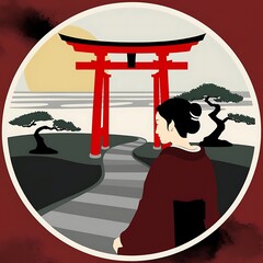 A stylized illustration of a woman in traditional attire walking toward a red torii gate with bonsai trees and a sunset in the background.