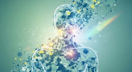 Translucent Geometric Humanoid Dissolving into Digital Data Network with Vibrant Light Flares and Hexagonal Particles