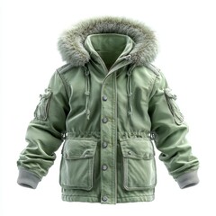 A green parka jacket with a fur hood, featuring multiple pockets and buttons, suitable for outdoor winter activities.