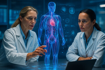 AI generated female doctors studying digital hologram of human body with health data in futuristic medical lab symbolizing innovation precision collaboration and advanced healthcare technology