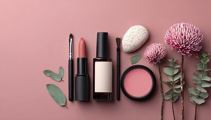 Flat lay of makeup and beauty products with flowers and leaves