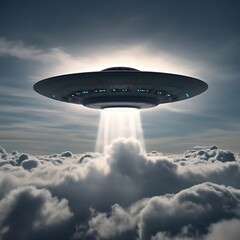 An extraterrestrial spacecraft hovering over the cloud layer, illuminated by a powerful beam of light. The scene evokes a sense of mystery and otherworldly presence. 