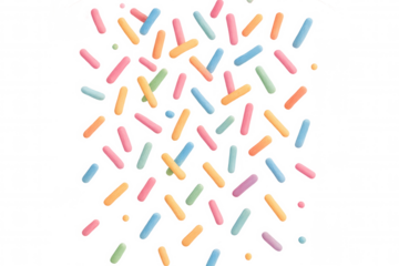 Colorful sprinkles cascading, floating freely against transparent surface, adding whimsical decorative touch for bakery and dessert styling