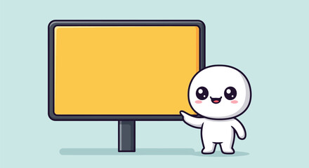 Cute Character Presenting Empty Yellow Signboard