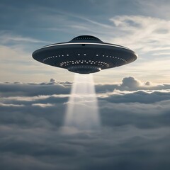 A Unidentified Flying Object (UFO) flying above the clouds, emitting a bright beam of light